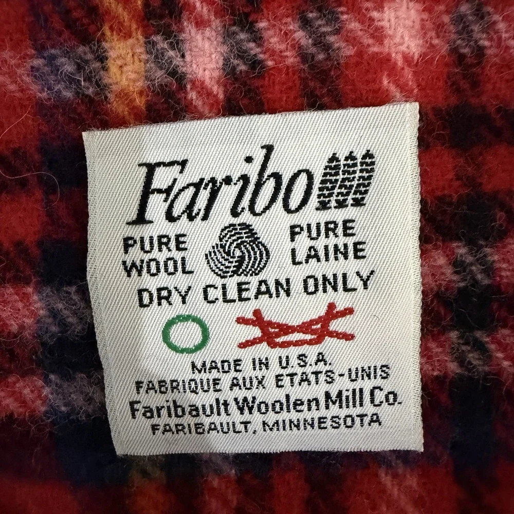 Vtg Faribo Wool Throw Blanket Faribault Woolen Mill Red Plaid Fringe Made in USA